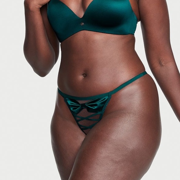 Victoria's Secret Very Sexy Bow Lace-Up V-String Panty Deepest Green Small NEW - Picture 1 of 3